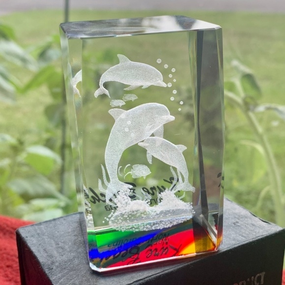 3D Laser Etched Crystal Cube Paperweight Dolphins Swimming Seaweed Kure Beach NC - Picture 6 of 13